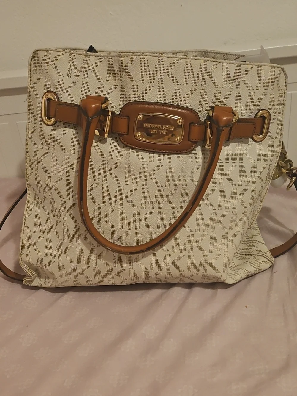 Michael Kors Cream Monogram Tote with Tan Leather Accents